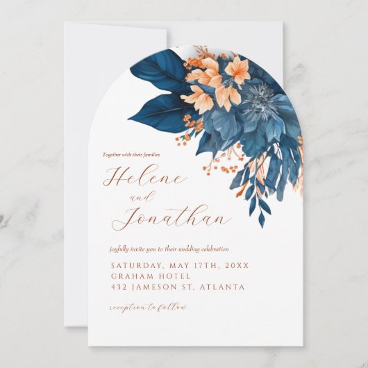 Elegante Navy Blue Rust Sinaasappel Tuin Wedding Kaart (Voorkant)