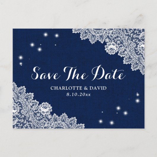 Elegante Navy Blue rustieke bruiloft Save the Date Aankondigingskaart (Voorkant)