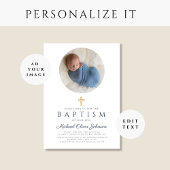 Elegante Navy Blue Script Boy Fotodoop Kaart