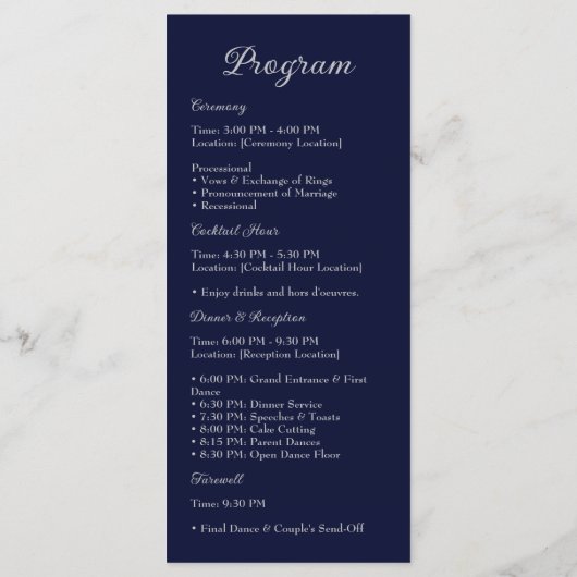 Elegante Navy Blue & Silver Script Wedding Program Programma (Achterkant)