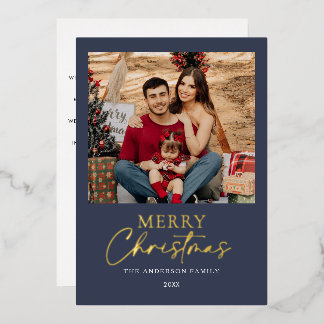 Elegante Navy Blue Zalig Kerstmis Familie Foto Folie Feestdagenkaart