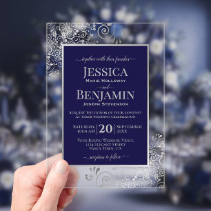 Elegante Navy Blue & Zilver Stijlvolle Tekst Trouw Acryl Uitnodigingen