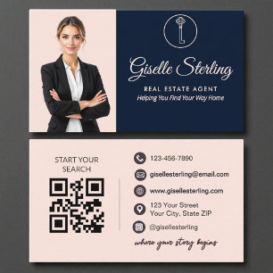 Elegante Navy Blush Foto Makelaar QR Code Visitekaartje