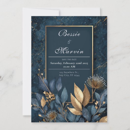 Elegante Navy en Gold Leaf bruiloft Kaart (Voorkant)