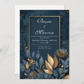 Elegante Navy en Gold Leaf bruiloft Kaart (Voorkant / Achterkant)
