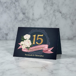 Elegante Navy en gouden 15e bruiloft Jubileum Kaart