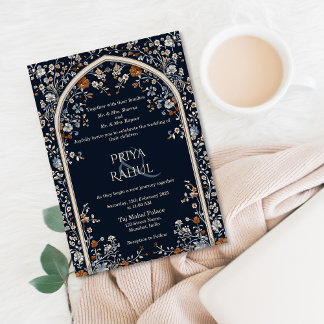 Elegante Navy Floral Arch Indiase bruiloft Kaart