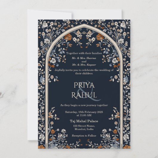 Elegante Navy Floral Arch Indiase bruiloft Kaart (Voorkant)