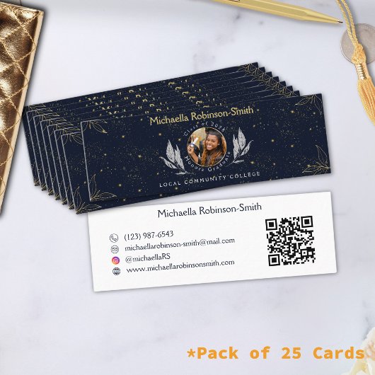 Elegante Navy Gold Afstuderen QR-code Contactkaartje