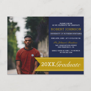 Elegante Navy & Gold Banner Foto Afstudeerfeest Uitnodiging Briefkaart