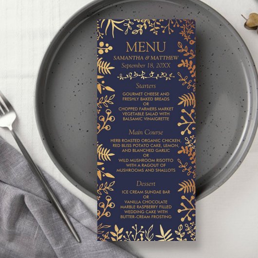 Elegante Navy & Gold Floral Wedding Menu