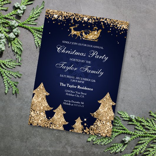 Elegante Navy Gold Glitter Kerstboomfeest Kaart