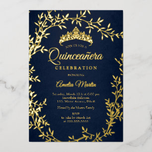 Elegante Navy Gold Leaf Krans Quinceanera Folie Uitnodiging
