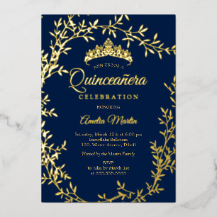 Elegante Navy Gold Leaf Krans Quinceanera Folie Uitnodiging