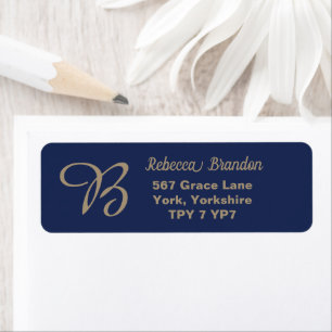 Elegante Navy Gold Naam Monogram Retouradres Etiket
