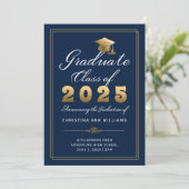 Elegante Navy Gold Script Class van 2025 Afstudere Aankondiging (Staand voorkant)