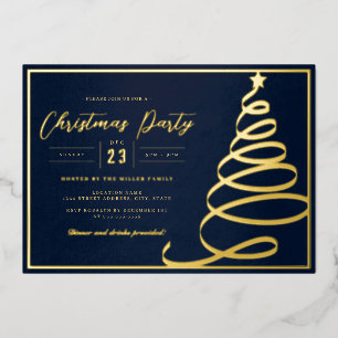 Elegante Navy Gold Tree Kerstfeest Folie Uitnodiging