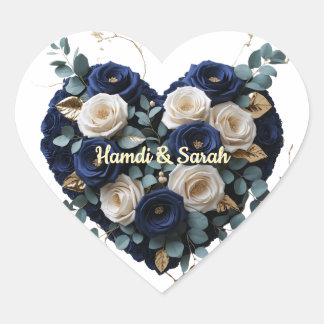 Elegante Navy Goud Bloem Monogram Hart Sticker