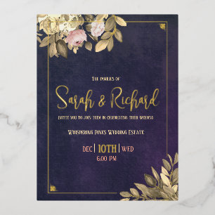 Elegante Navy Goud Blush Accenten Trouwdag Folie Uitnodiging Briefkaart
