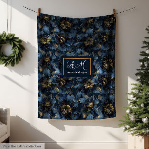 Elegante Navy Goud Deken Custom Naam Bloem Kunst