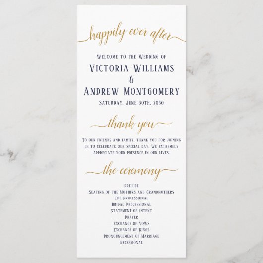 Elegante Navy Goud Script Minimale Trouwceremonie Programma (Voorkant)