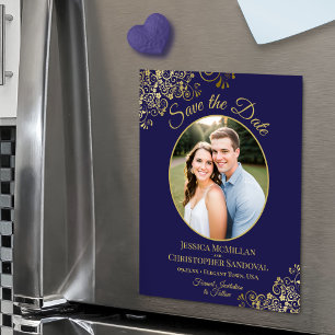 Elegante Navy & Goud Trouw Save the Date Foto Magnetische Uitnodiging