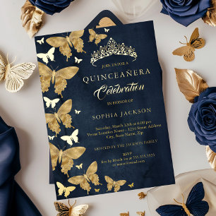 Elegante Navy Gouden Vlinder Quinceanera Folie Uitnodiging