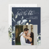 Elegante Navy Green Leaves QR Code Save the Date Aankondigingskaart (Voorkant / Achterkant)