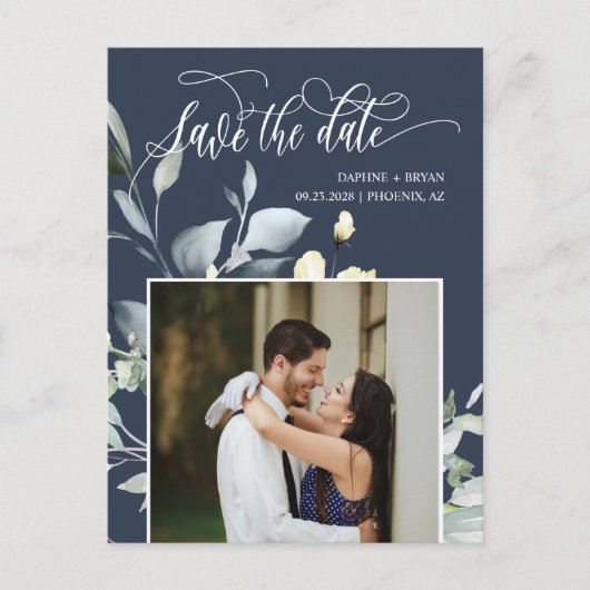 Elegante Navy Green Leaves QR Code Save the Date Aankondigingskaart (Voorkant)