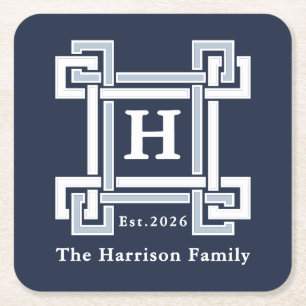 Elegante Navy Kust Griekse Sleutel Monogram Vierkante Kartonnen Onderzetter