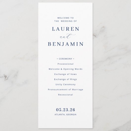 Elegante Navy Minimalistische Huwelijksceremonie Programma (Voorkant)