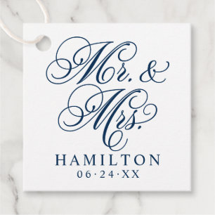 Elegante Navy Mr en Mrs Script Monogram Bedankjes Labels