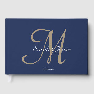 Elegante Navy naam Monogram Script Wedding Party Gastenboek