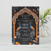 Elegante Navy Peacocks Arch Indiase bruiloft Kaart (Staand voorkant)