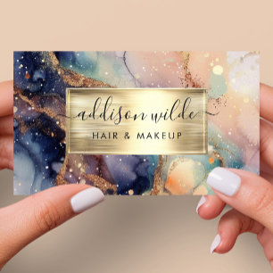 Elegante Navy Perzik En Goud Waterverf Marmer Visitekaartje