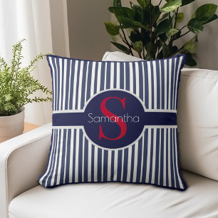 Elegante Navy Rode Gestreepte Initiaal Monogram Kussen