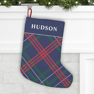 Elegante Navy Rood Groen Tartan Plaid Gepersonalis Kleine Kerstsok