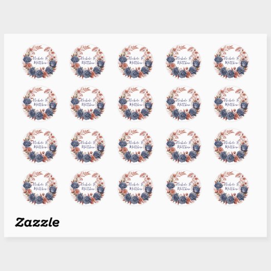 Elegante Navy Roos en Terracotta Bloemen Huwelijk Ronde Sticker (Vel)