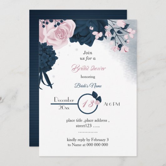Elegante navy & roze bloemen bruidsmeisje shower kaart (Voorkant / Achterkant)