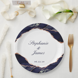 Elegante Navy Roze Goud Folie Agate Huwelijk Papieren Bordje