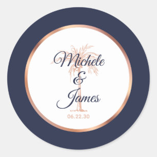 Elegante Navy Roze Goud Palmboom Tropische Trouwda Ronde Sticker