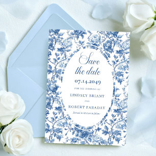 Elegante Navy Rozen Toile Save the Date Trouwauto Kaart