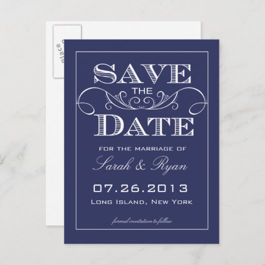 Elegante Navy Swirl Save the Date Aankondiging (Voorkant / Achterkant)