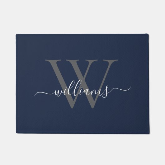 Elegante Navy White Custom Monogram Script Naam Deurmat (Voorkant)