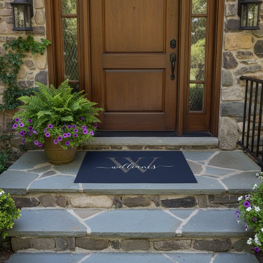 Elegante Navy White Custom Monogram Script Naam Deurmat