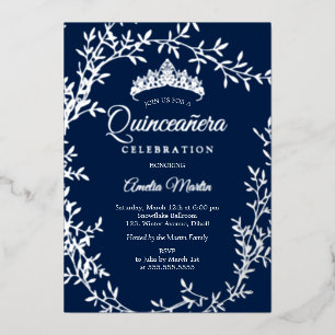 Elegante Navy Zilveren Blad Krans Quinceanera Folie Uitnodiging