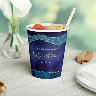 Elegante Navyblauw & Gouden Agaten Bruiloft Papieren Bekers