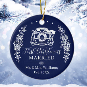 Elegante Navyblauwe Eerste Kerstmis Getrouwd Auto Keramisch Ornament