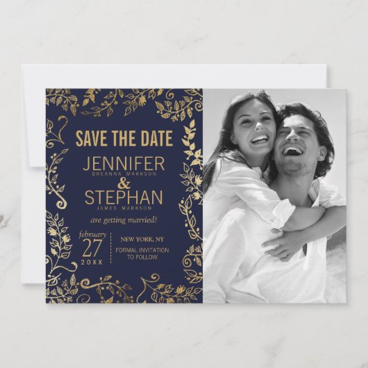 Elegante Navyblauwe en Gouden Bloemige 'Save the D Save The Date (Voorkant)
