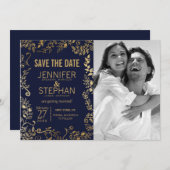 Elegante Navyblauwe en Gouden Bloemige 'Save the D Save The Date (Voorkant / Achterkant)